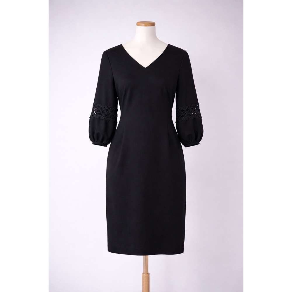 Talbots Black Ponte Knit Sheath Dress Lace Sleeve Petite 4P Career Work